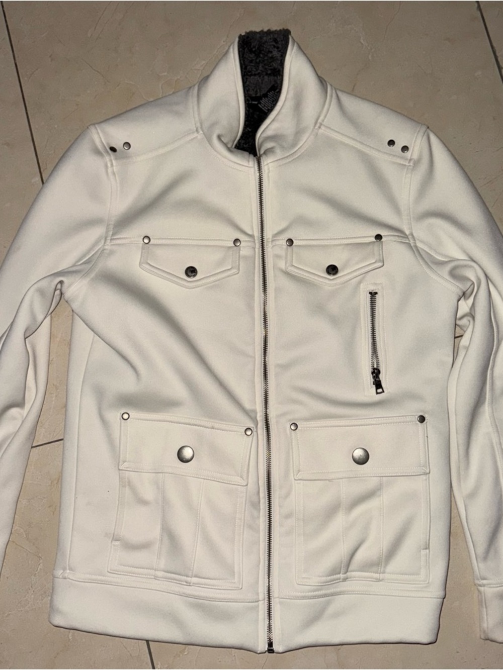 INC International Concepts Jacket Mens Small White Moto Zip Faux Fur Lined